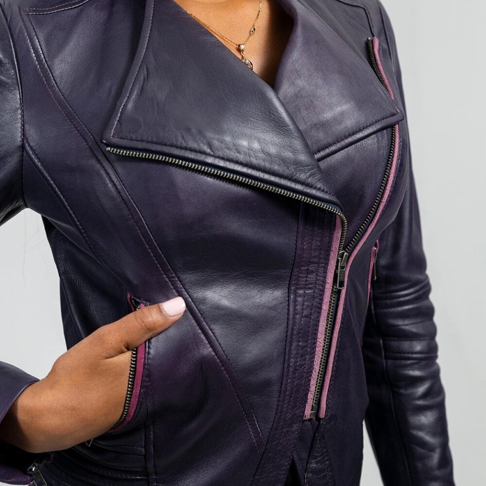 Purple Leather Moto Jacket with Pink Trim - Women's Fashion - Picture 2 of 6